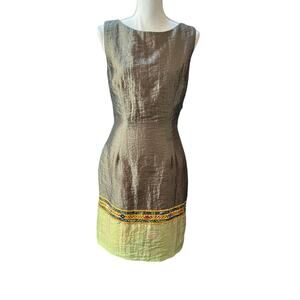 J Peterman Company Dress Women’s Size 8 Bronze Metallic Embroidered Sheath Midi